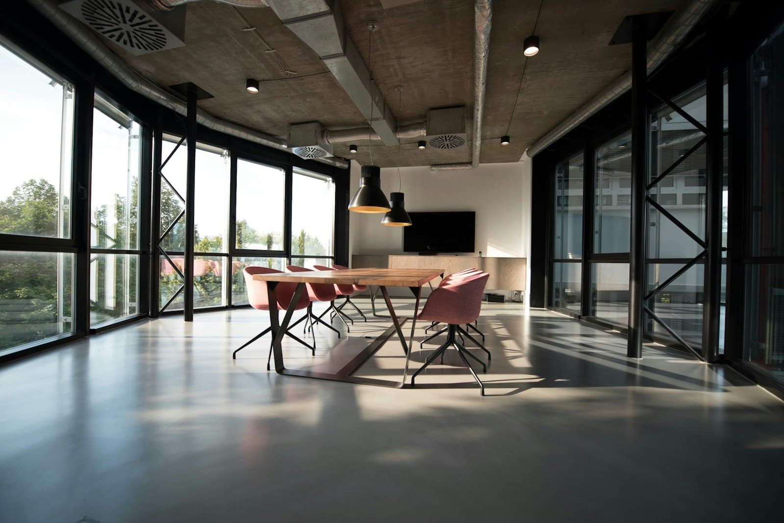Commercial interior with exposed HVAC ductwork